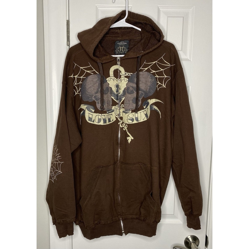 Jordan Craig Men's Y2K Skull Pattern "love Sux" Hooded Sweatshirt Brown 3X *read
